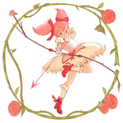 1girl absurdres arrow_(projectile) bow bow_(weapon) circle commentary dress english_commentary flower frilled_socks frills full_body hair_bow highres holding holding_bow_(weapon) holding_weapon kaname_madoka kaname_madoka_(magical_girl) leg_up magical_girl mahou_shoujo_madoka_magica mahou_shoujo_madoka_magica_(anime) pink_dress pink_hair plant purple_eyes red_bow red_flower red_rose red_shoes rose shoes simple_background socks solo twintails vines weapon white_background white_socks zachsgotyourbac