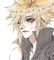  1boy aqua_eyes armor blonde_hair cloud_strife commentary earrings fenrir_(ff7) final_fantasy final_fantasy_vii final_fantasy_vii:_advent_children food food_on_face grey_vest hair_between_eyes head_wreath jewelry light_smile one_eye_closed pauldrons poffg_7 popped_collar ribbed_vest short_hair shoulder_armor single_bare_shoulder single_earring single_pauldron solo untranslatable_commentary upper_body vest white_background 