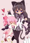  &gt;_&lt; akemi_homura animal_ears black_hair braid bubble_skirt cat_ears glasses gloves hair_ribbon hairband happy heart hug hug_from_behind jpeg_artifacts kaname_madoka kemonomimi_mode kyubey long_hair magical_girl mahou_shoujo_madoka_magica matsubara_ryuu matsubara_tatsu multiple_girls pantyhose pink_hair red-framed_glasses ribbon short_twintails smile spoilers tail twin_braids twintails white_gloves 