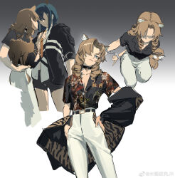  2girls animal_ears animal_print arknights black_choker black_shirt blonde_hair breasts ch'en_(arknights) choker collarbone commentary confrontation cowboy_shot cropped_legs cuffed cuffs curtained_hair dragon_girl drill_hair drill_sidelocks gr green_eyes hand_in_pocket hand_on_own_hip handcuffs highres jacket jacket_partially_removed long_hair medium_breasts multiple_girls multiple_views pants partially_unbuttoned print_shirt shirt short_sleeves shuidao_yanjiu sidelocks swire_(arknights) tail tiger tiger_ears tiger_girl tiger_print tiger_tail untranslatable_commentary watermark weibo_username weibo_watermark white_pants 