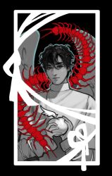  1boy alien_stage angel_wings apple bug bymerime centipede food fruit highres holding holding_food holding_fruit ivan_(alien_stage) male_focus official_alternate_costume red_pupils solo thick_eyebrows wings 