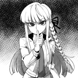  1girl braid closed_mouth commentary danganronpa:_trigger_happy_havoc danganronpa_(series) eyelashes finger_to_mouth gloves greyscale hair_ribbon highres index_finger_raised jacket kirigiri_kyoko long_hair long_sleeves monochrome necktie parta_228 ribbon ringed_eyes shushing single_braid solo upper_body 