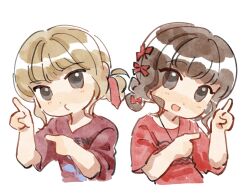  2girls artist_request blush brown_hair closed_mouth commentary_request commission hair_ribbon hands_up highres indoors jewelry multiple_girls necklace open_mouth photo-referenced real_life red_ribbon red_shirt ribbon sasaki_rico second-party_source shirt short_hair simple_background takao_kanon upper_body voice_actor white_background 