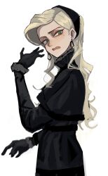  1girl alternate_costume black_gloves black_hairband blonde_hair cassandra_vole commentary_request danielpagelover eyeshadow fur-trimmed_sleeves fur_trim gloves green_eyes hairband harry_potter:_magic_awakened harry_potter_(series) highres long_hair long_sleeves looking_at_viewer makeup mole mole_under_eye open_mouth simple_background solo white_background wizarding_world 