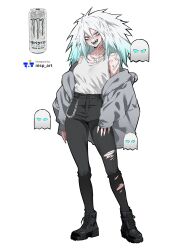  1girl absurdres animification aqua_hair aqua_tongue artist_logo artist_name black_boots boots breast_tattoo chain chain_necklace collarbone denim grey_jacket highres jacket jeans jewelry logo monster_energy multicolored_hair neck_tattoo necklace nisp_art object_and_personification off-shoulder_jacket off_shoulder open_clothes open_jacket open_mouth original pants personification photo_inset reference_inset sharp_teeth shoulder_tattoo tank_top tattoo teeth torn_clothes torn_jeans torn_pants two-tone_hair white_background white_hair white_tank_top 