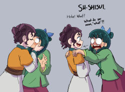  2girls arrow_(symbol) blue_ribbon blush bow brown_bow brown_hair commentary eggtempest english_commentary english_text green_hair grey_background hair_bow hair_bun hair_ribbon hand_on_another's_cheek hand_on_another's_face kiss kusuriya_no_hitorigoto long_hair long_sleeves maomao_(kusuriya_no_hitorigoto) multiple_girls ribbon shisui_(kusuriya_no_hitorigoto) short_hair wavy_hair yuri 