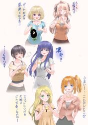  6+girls absurdres alcohol black_hair black_ribbon blonde_hair blue_eyes blue_shirt blush bottle brown_eyes brown_hair brown_shirt chang_chin-lan closed_eyes commentary_request cup dress finger_to_mouth green_eyes gujyo_kanade hair_intakes hair_ribbon hand_up highres holding holding_bottle holding_cup kamiina_botan kamiina_botan_yoeru_sugata_wa_yuri_no_hana kitamori_yaeka long_hair multiple_girls orange_hair orange_shirt parted_lips pink_hair pink_shirt purple_hair ribbon shirt short_hair shushing side_ponytail tonami_ibuki translation_request two_side_up violet_eyes white_dress yusa_akane zildjian3a 
