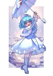  1girl alternate_costume alternate_hairstyle blue_boots blue_dress blue_eyes blue_hair blush boots braid capelet chinese_commentary commentary_request dress full_body fur-trimmed_boots fur-trimmed_capelet fur_trim hat heterochromia high_heel_boots high_heels highres holding holding_umbrella long_sleeves looking_at_viewer open_mouth pantyhose red_eyes shouxishao_jiuyuan smile solo tatara_kogasa touhou touhou_lostword umbrella white_capelet white_hat white_pantyhose white_umbrella 