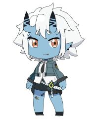  1girl :p absurdres arms_at_sides bang_dream! black_choker black_necktie black_shoes black_skirt blue_horns blue_oni blue_skin brown_eyes chibi chibi_only chinese_commentary choker collared_shirt colored_skin commentary_request cropped_jacket cuffs ear_piercing full_body ganso!_bang_dream_chan hair_between_horns highres horns jacket legs_apart linju_juedui_zhengyi long_sleeves looking_at_viewer miniskirt multicolored_horns multiple_piercings necktie no_nose oni open_clothes open_jacket parody pencil_skirt piercing pointy_ears pouch shackles shirt shoes short_eyebrows short_hair sidelocks simple_background skin-covered_horns skirt solo soukaku_(zenless_zone_zero) standing sticker sticker_on_leg style_parody thick_eyebrows thigh_pouch thigh_strap tongue tongue_out transparent_background two-tone_horns variant_set very_short_hair white_hair white_shirt wingtip_collar zenless_zone_zero 