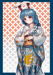  1girl alternate_costume animal_ears animal_print blue_border blue_hair blush border closed_mouth commentary_request earclip egasumi floral_print floral_print_kimono furisode highres japanese_clothes kimono long_hair long_sleeves looking_at_viewer moon_print nanaironokabi new_year obi obijime orange_sash outside_border print_kimono rabbit_ears rabbit_girl rabbit_print red_eyes sash seiran_(touhou) smile solo touhou wide_sleeves 