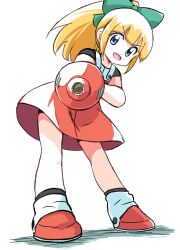  1girl :d aiming aiming_at_viewer android arm_cannon blonde_hair blue_eyes bow commentary dot_nose dress full_body green_bow hair_bow highres ikaringo_(ikaringo4444) long_hair looking_at_viewer mega_man_(classic) mega_man_(series) open_mouth red_dress red_shoes roll_(mega_man) shoes short_sleeves simple_background smile standing weapon white_background 