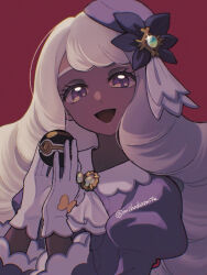 1girl ascot commentary_request dark-skinned_female dark_skin dress frilled_ascot frills glove_bow gloves highres holding holding_poke_ball jacinthe_(pokemon) jewelry long_hair long_sleeves looking_at_viewer luxury_ball mega_stone mikakami1e open_mouth poke_ball pokemon pokemon_legends:_z-a puffy_sleeves purple_dress purple_hair ring smile solo upper_body very_dark_skin violet_eyes white_gloves 
