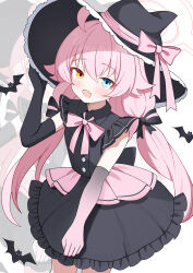  1girl :d absurdres adachi_(ttriwk) ahoge asymmetrical_gloves black_bow black_dress black_hat blue_archive blue_eyes blush bow bowtie collared_dress commentary dress elbow_gloves fang frilled_headwear gloves gradient_gloves hair_between_eyes hair_bow halo hand_on_headwear hat hat_bow heterochromia highres hoshino_(blue_archive) long_hair looking_at_viewer low_twintails mismatched_gloves open_mouth pink_bow pink_bowtie pink_hair pink_halo simple_background skin_fang sleeveless sleeveless_dress smile solo twintails white_background witch_hat yellow_eyes zoom_layer 
