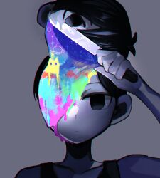  1boy antenna_hair big_yellow_cat_(omori) black_eyes black_hair black_tank_top collarbone commentary_request grey_background highres holding holding_knife knife looking_at_viewer male_focus omori omori_(omori) portrait short_hair simple_background sk816 solo tank_top 