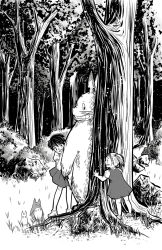  2girls chibi_totoro child chuu_totoro commentary dress forest full_body greyscale hiding highres kusakabe_mei kusakabe_satsuki makkunsta monochrome multiple_girls nature playing short_hair siblings sisters skirt smile tonari_no_totoro totoro whiskers 