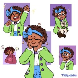  +++ 1girl a_hat_in_time alternate_costume animal arm_up artist_name black_eyes blue_bow blue_hairband blue_skirt bow bow_hairband bow_kid brown_hair buttons cat child clenched_hands closed_eyes closed_mouth collared_shirt commentary cropped_torso curly_hair dark-skinned_female dark_skin english_commentary flying_sweatdrops frilled_sleeves frills green_jacket hairband hand_up hands_on_own_cheeks hands_on_own_face heart highres holding holding_animal holding_cat jacket long_sleeves multiple_views notice_lines open_mouth red_bow red_hairband red_sweater shirt short_hair skirt smile smorallow solo speech_bubble star_(symbol) sweatdrop sweater teeth upper_teeth_only violet_eyes white_shirt 