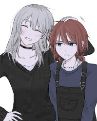  2girls black_overalls black_sweater blue_eyes blue_sweater blush brown_hair closed_eyes commentary girls_band_cry grcr_pometa1118 grey_hair hair_between_eyes hand_on_own_hip headpat highres iseri_nina kawaragi_momoka long_hair low_twintails multicolored_hair multiple_girls open_mouth overalls roots_(hair) short_hair short_twintails simple_background sweater twintails white_background 