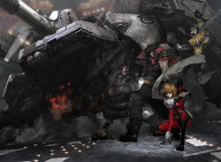  1girl 3boys armor armored_boots armored_vehicle asymmetrical_dual_wielding belt belt_buckle black_boots black_hair black_pants blonde_hair bodysuit boots buckle cannon chain-link_fence concept_art corset dual_wielding fence fingerless_gloves flamethrower full-length_zipper gloves greaves grey_scarf gun gunz_2_the_second_duel gunz_the_duel handgun harness helmet hip_armor holding holding_flamethrower holding_sword holding_weapon jacket jerrypark knee_pads mecha multiple_boys official_art pants pouch red_bodysuit red_hair red_jacket rivets robot scarf shoulder_armor spider_tank spotlight submachine_gun sword third-party_source uzi vest weapon yellow_jacket zipper 
