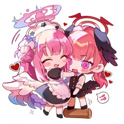  !? 2girls :d @_@ absurdres angel_wings apron black_dress black_shorts black_vest black_wings blue_archive blush blush_stickers cake chibi chibi_only closed_eyes dress enmaided feathered_wings flower flustered food hair_bun hair_flower hair_ornament halo head_wings heart highres hug koharu_(blue_archive) kongya long_hair low_wings maid maid_apron maid_headdress mika_(blue_archive) multiple_girls open_mouth pink_eyes pink_hair pink_halo puffy_short_sleeves puffy_sleeves red_halo shirt short_sleeves shorts simple_background single_side_bun smile spoken_interrobang standing_on_object swiss_roll twintails vest white_apron white_background white_shirt white_wings winged_halo wings 