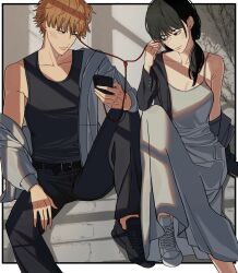  1boy 1girl absurdres alternate_costume belt belt_buckle black_belt black_eyes black_hair black_jacket black_pants blonde_hair blush buckle cellphone chainsaw_man closed_mouth commentary_request denji_(chainsaw_man) dress earphones grey_dress grey_jacket highres holding holding_phone jacket korean_commentary long_hair looking_at_another mitaka_asa off_shoulder pants phone red_eyes shared_earphones shirt shoes short_hair side_ponytail sieater07 sitting sleeveless sleeveless_dress sleeveless_shirt sneakers 