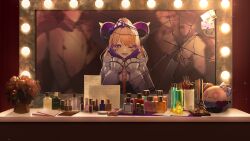  1girl :d ;d absurdres arknights arknights:_endfield bow broken_mirror commentary demon_horns gloves hairband hands_on_own_face highres horns liino_(arknights) makeup mirror one_eye_closed open_mouth partially_fingerless_gloves purple_bow purple_gloves smile solo_focus table tsumeki vanity_table 