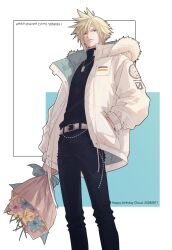  belt black_pants black_sweater blonde_hair bouquet character_name closed_mouth cloud_strife cloud_strife_(snowy_icicle_jacket) coat commentary_request dissidia_duellum_final_fantasy dissidia_final_fantasy dog_tags feet_out_of_frame fenrir_(ff7) final_fantasy final_fantasy_vii fur-trimmed_coat fur_trim hair_between_eyes hand_in_pocket happy_birthday highres holding holding_bouquet hood hood_down hooded_coat mixmomo_yah official_alternate_costume pants short_hair spiky_hair sweater white_background white_belt white_coat winter 