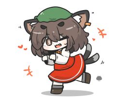  +++ 1girl :d ;d animal_ears bow brown_eyes brown_hair brown_shoes cat_ears cat_girl cat_tail chen chibi commentary_request ear_piercing fang full_body green_hat grey_socks hair_between_eyes hat heart highres long_sleeves looking_at_viewer mob_cap motion_lines multiple_tails one_eye_closed orange_bow piercing red_skirt red_vest sea_urchin shadow shirt shoes short_eyebrows simple_background skirt skirt_set smile socks solo standing standing_on_one_leg tail thick_eyebrows touhou two_tails uni_souchou v-shaped_eyebrows vest white_background white_shirt 