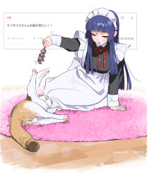  1girl apron artist_name black_dress black_fur blue_hair blunt_bangs brown_fur calico_(pattern) calico_cat cat commentary conto dated dress duster elizabeth_(conto) feather_duster highres holding holding_duster long_hair long_sleeves looking_down lying maid maid_apron maid_headdress neck_ribbon odaibako on_back original parted_lips raised_eyebrow red_eyes red_ribbon ribbon rug screenshot_background sitting sleeves_past_wrists smile swinging_object tongue tongue_out translation_request waving white_background white_fur white_wrist_cuffs wooden_floor wrist_cuffs yokozuwari 