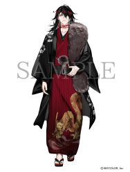  1boy alternate_costume black_coat black_hair black_haori black_nails black_sash cherry_blossom_print coat collarbone copyright_notice dragon_print earrings eyeshadow feather_boa floral_print full_body hair_over_one_eye hand_on_own_hip haori haori_himo japanese_clothes jewelry kimono lam_(ramdayo) long_sleeves looking_at_viewer makeup male_focus medium_hair multicolored_hair nail_polish nijisanji nijisanji_en official_art open_clothes open_coat pinstripe_kimono pinstripe_pattern print_kimono red_eyeshadow red_kimono red_streaks sample_watermark sandals sash simple_background single_earring smile solo standing straight-on streaked_hair string_choker tassel tassel_earrings toenail_polish toenails virtual_youtuber vox_akuma waist_sash watermark white_background yellow_eyes zouri 