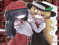  2girls abstract_background black_hair black_hat black_skirt black_vest blonde_hair blush bow bowtie censored collared_shirt commentary cowboy_shot dated_commentary detached_sleeves dolls_in_pseudo_paradise english_text fake_transparency hat hat_feather hat_ornament highres holding_hands interlocked_fingers jacket_girl_(dipp) label_girl_(dipp) long_hair long_sleeves looking_at_viewer mosaic_censoring multiple_girls neck_ribbon newsboy_cap open_mouth outline red_bow red_bowtie red_eyes red_hat red_ribbon red_skirt ribbon shirt skirt skirt_set sleepwalk_zzz sleeveless sleeveless_shirt star_(symbol) star_hat_ornament touhou very_long_hair vest violet_eyes white_outline white_shirt white_sleeves wide_sleeves 