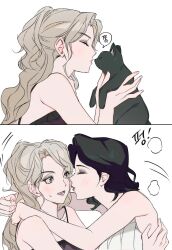  2girls absurdres arms_around_neck black_cat black_hair camisole cat character_request closed_mouth commentary_request grey_hair highres k-pop korean_commentary long_hair multiple_girls puckered_lips purple_camisole real_life shirt simple_background speech_bubble transformation translation_request white_background white_shirt yuri 