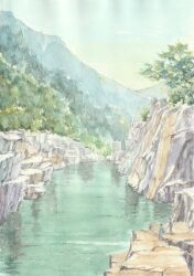  canyon cliff commentary_request day foreshortening highres landscape mountain original outdoors painting_(medium) paruperu people river scenery sky traditional_media tree watercolor_(medium) 