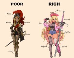  >_o 2girls :p ;p absurdres armor ass_visible_through_thighs black_cape blonde_hair blunt_bangs breastplate cape centurii-chan commentary couter cuirass cuisses denim denim_shorts english_commentary english_text faulds flamberge full_armor full_body gauntlets gorget greatsword greaves gyaru_landsknecht_(centurii-chan) hat helmet highres holding holding_sword holding_weapon jacket knee_guards landsknecht leg_warmers long_hair looking_at_viewer morion multicolored_hair multiple_girls one_eye_closed original pauldrons pink_hat pink_jacket pink_leg_warmers plate_armor plume poleyn puff_and_slash_sleeves puffy_sleeves rapier red_sash rerebrace sabaton sash shorts shoulder_armor side_cape simple_background smile smirk standing stuffed_animal stuffed_toy sword symbol-shaped_pupils tan thigh-highs tongue tongue_out v vambraces very_long_hair violet_eyes weapon white_thighhighs zweihander 