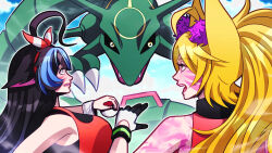  2girls ahoge animal_ear_fluff aprilssarts black_gloves black_hair blonde_hair blue_streaks breasts gloves highres holding holding_poke_ball indie_virtual_youtuber large_breasts long_hair multicolored_gloves multicolored_hair multiple_girls open_mouth poke_ball pokemon pokemon_(creature) rayquaza streaked_hair teeth two-tone_gloves upper_body upper_teeth_only virtual_youtuber white_gloves 