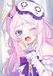  1girl blue_eyes blurry blurry_background blush bow bowtie citlali_(genshin_impact) citlali_(whispers_of_stars_and_smoke)_(genshin_impact) collar commentary_request detached_collar detached_sleeves facial_mark genshin_impact highres indoors long_hair looking_at_viewer mask mask_on_head messy_hair official_alternate_costume open_mouth pink_pupils purple_bow purple_bowtie sidelocks sioxxx0711 sleep_mask sleepy solo triangle triangle_facial_mark twintails upper_body white_collar white_sleeves yawning 