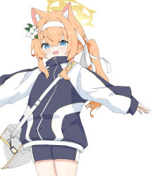  absurdres animal_ear_fluff bag blue_archive blue_eyes bottle byomssui commentary_request flower gym_shirt gym_shorts gym_uniform hair_flower hair_ornament hairband halo highres holding holding_bottle jacket mari_(blue_archive) mari_(track)_(blue_archive) multicolored_jacket official_alternate_costume open_mouth orange_hair shirt shorts shoulder_bag simple_background track_jacket two-tone_jacket white_flower white_hairband yellow_halo 