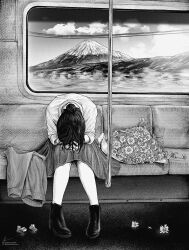  1girl absurdres ankle_boots boots bouquet chainsaw_man chrysanthemum clouds collared_shirt commentary english_commentary flower greyscale highres instagram_logo instagram_username marvin_(omarvin) monochrome power_lines reze_(chainsaw_man) shirt signature sitting skirt solo train_interior twitter_logo twitter_username unworn_clothes volcano window 