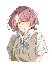  1girl arimura_mao blue_eyes blush brown_sweater_vest collared_shirt commentary_request eitopondo gakuen_idolmaster hatsuboshi_gakuen_school_uniform highres idolmaster looking_at_viewer open_mouth pink_hair school_uniform shirt short_hair short_sleeves solo sweater_vest white_shirt 