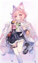  1girl absurdres ahoge animal_ear_fluff animal_ears arknights black_shoes black_skirt black_thighhighs bracelet cape carrot clover finger_to_mouth fingerless_gloves flower four-leaf_clover fur-trimmed_skirt fur_trim gloves hand_up highres infection_monitor_(arknights) jewelry long_hair looking_at_viewer material_growth orange_gloves oripathy_lesion_(arknights) pink_eyes pink_hair pink_shirt rabbit_ears rabbit_girl shirt shoes skirt smile solo standing standing_on_one_leg thigh-highs thumpy_(arknights) white_cape white_flower xianyu_zzz 