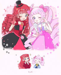  2girls :d ;d ahoge aozora_himari atami_nana black_dress black_hat blue_eyes bow chibi choker commentary_request dress drill_hair gloves hair_bow hand_up hat hat_bow hat_ribbon heart heart_hands heart_hands_duo highres himitsu_no_aipri in-franchise_crossover key key_choker long_hair looking_at_viewer multiple_girls one_eye_closed onegai_aipri open_mouth palms_together pecoe pink_bow pink_dress pink_eyes pink_hair pretty_series red_bow red_choker red_dress red_gloves red_hair red_ribbon ribbon smile tilted_headwear top_hat twintails two-tone_dress 