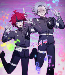  2boys ^_^ absurdres ahoge aotsuki_eito armband belt black_jacket black_pants black_streaks blue_eyes closed_eyes commentary_request dancing double_v gakuran glasses gloves grey_hair highres hole_in_chest hole_on_body jacket last_defense_academy_school_uniform leg_up looking_at_viewer male_focus multicolored_hair multiple_boys musical_note pants pink_background red_hair school_uniform semi-rimless_eyewear short_hair smile streaked_hair sumino_takumi the_hundred_line_-last_defense_academy- v white_armband white_belt white_gloves ziling 
