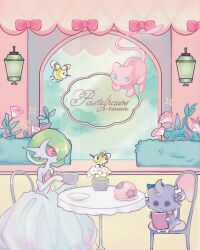  absurdres blue_eyes bob_cut bow chair colored_skin cup cutiefly dress elbow_gloves espurr flower gardevoir gloves green_hair highres insect_wings mega_gardevoir mega_pokemon mew_(pokemon) on_chair pink_bow pink_flower pink_fur plate pokemon pokemon_(creature) purple_bow purple_fur sitting soursooshee table teacup violet_eyes white_bow white_dress white_gloves white_skin wings 