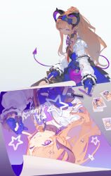  1girl absurdres arknights arknights:_endfield black_thighhighs blue_dress blue_gloves bow bow_hairband breasts choker clothing_cutout commentary_request curled_horns demon_girl demon_horns demon_tail dress earrings expressionless frilled_choker frilled_dress frills gloves grey_background hair_bow hair_ornament hairband hand_on_own_thigh heart heart_cutout heart_earrings highres horns idol jewelry layered_dress liino_(arknights) long_sidelocks looking_at_object marker medium_breasts multicolored_horns partially_fingerless_gloves pointy_ears ponytail postcard poster_(object) shrug_(clothing) sidelocks simple_background sitting star-shaped_pupils star_(symbol) star_hair_ornament symbol-shaped_pupils tail thigh-highs two-tone_horns violet_eyes white_shrug youli_gui 