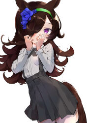  1girl absurdres animal_ears black_bow black_bowtie black_skirt black_thighhighs blue_flower blue_rose blush border bow bowtie brown_hair collared_shirt covered_mouth covering_own_mouth dress_shirt flower green_hairband grey_skirt hair_flower hair_ornament hair_over_one_eye hairband hands_up high-waist_skirt highres horse_ears horse_girl horse_tail long_hair long_sleeves looking_at_viewer mugi_no_hikyaku one_eye_covered pleated_skirt rice_shower_(umamusume) rose shirt shirt_tucked_in simple_background skirt solo standing suspender_skirt suspenders tail thigh-highs umamusume very_long_hair violet_eyes white_background white_shirt zettai_ryouiki 