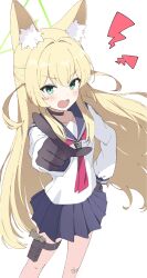  1girl animal_ear_fluff animal_ears bandaid bandaid_on_knee bandaid_on_leg black_gloves blonde_hair blue_archive blue_sailor_collar blue_skirt blush commentary feet_out_of_frame floating_hair from_above gloves green_eyes green_halo gun halo hand_on_own_hip handgun highres holster holstered kurumi_(blue_archive) long_hair looking_at_viewer memoi miniskirt neckerchief open_mouth pleated_skirt pointing pointing_at_viewer red_neckerchief sailor_collar school_uniform serafuku shirt shouting simple_background skirt solo standing straight_hair thigh_holster v-shaped_eyebrows very_long_hair weapon white_background white_shirt 