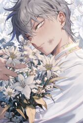  1boy alien_stage blush bouquet capybara_roll choker closed_mouth commentary earrings flower green_eyes grey_hair hair_between_eyes jewelry lily_(flower) looking_to_the_side male_focus short_hair solo stud_earrings till_(alien_stage) untranslatable_commentary white_choker 