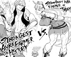  1boy 2girls abs absurdres animal_ears armband bare_shoulders bb_(baalbuddy) blunt_bangs boots bow bowtie commentary detached_sleeves english_commentary english_text fake_horns fate/grand_order fate_(series) gauntlets gilgamesh_(caster)_(fate) gilgamesh_(fate) gloves gold_ship_(umamusume) hair_between_eyes hat highres horned_headwear horns horse_ears horse_girl long_hair looking_at_another more_muscular_than_canon multiple_girls muscular muscular_female muscular_male navel pouch short_hair smile stone_tablet tattoo thighs turban umamusume 
