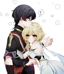  ! 1boy 1girl :t adam's_apple arm_cutout armor bishounen black_bodysuit black_hair black_kimono black_sleeves blonde_hair blue_trim blunt_ends blush bodysuit breasts closed_mouth clothing_cutout commentary_request couple detached_sleeves dress eyelashes fingernails from_side furisode genshin_impact gold hair_between_eyes hands_up height_difference hetero highres hug japanese_armor japanese_clothes jewelry juban kimono kote kurokote kusazuri layered_sleeves leaning_on_person looking_at_another lumine_(genshin_impact) medium_breasts migigi neck_ring pout profile purple_sash purple_sleeves red_kimono sash scaramouche_(genshin_impact) scaramouche_(harbinger)_(genshin_impact) scarf short_hair short_hair_with_long_locks short_sleeves sidelocks sideways_mouth single_sode spoken_exclamation_mark surprise_hug surprised thai_commentary tsurime vambraces violet_eyes white_background white_dress white_kimono white_scarf white_sleeves wolf_cut yellow_eyes 