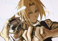  1boy automail blonde_hair closed_mouth collared_shirt commentary dated dated_commentary edward_elric fullmetal_alchemist highres long_hair male_focus mechanical_arms ponytail prosthesis prosthetic_arm r1ngdjngd0ng serious shirt simple_background single_mechanical_arm solo torn_cloth torn_sleeve twitter_username upper_body white_background white_shirt yellow_eyes 
