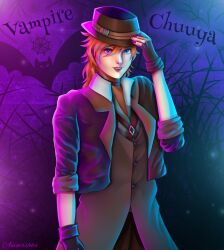  animashka black_gloves black_hat black_jacket black_suit blue_light bungou_stray_dogs collared_shirt gloves hat highres jacket mafia male_focus nakahara_chuuya_(bungou_stray_dogs) neon_lights orange_hair pink_light shirt suit vampire 
